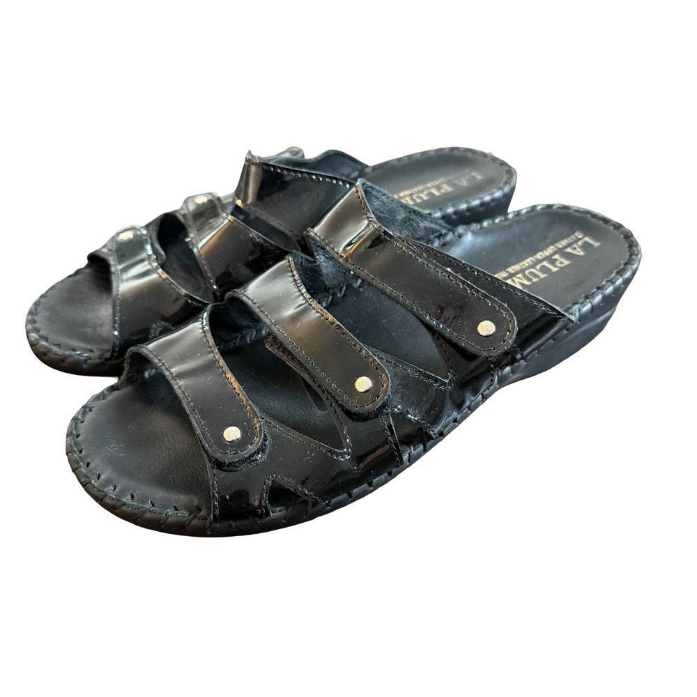 La Plume Womens Black Patent Leather Triple Strap Slide Sandals Anti Shock 38